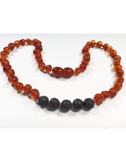Polished cognac Baltic amber necklace with Lava
