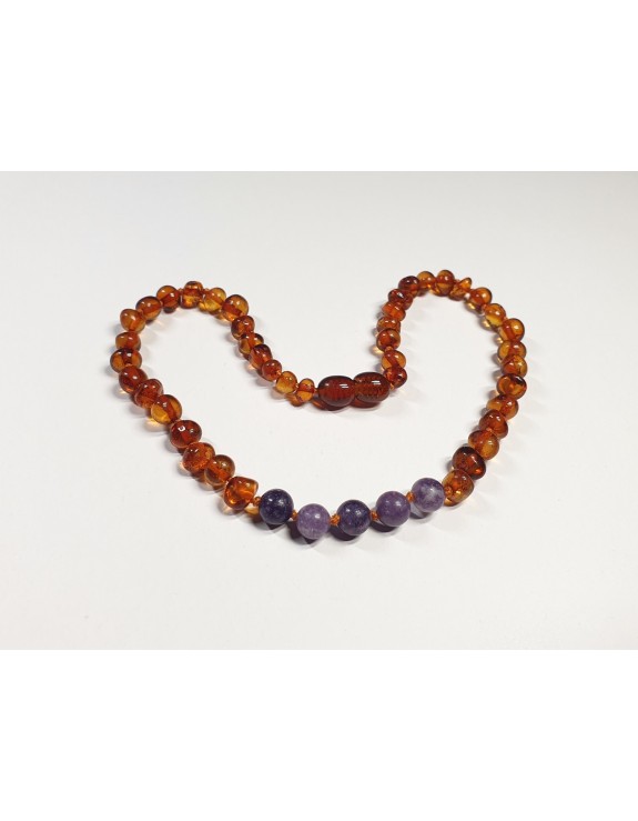 Polished cognac Baltic amber necklace with Charoite