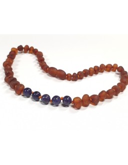Raw cognac Baltic amber necklace with Charoite