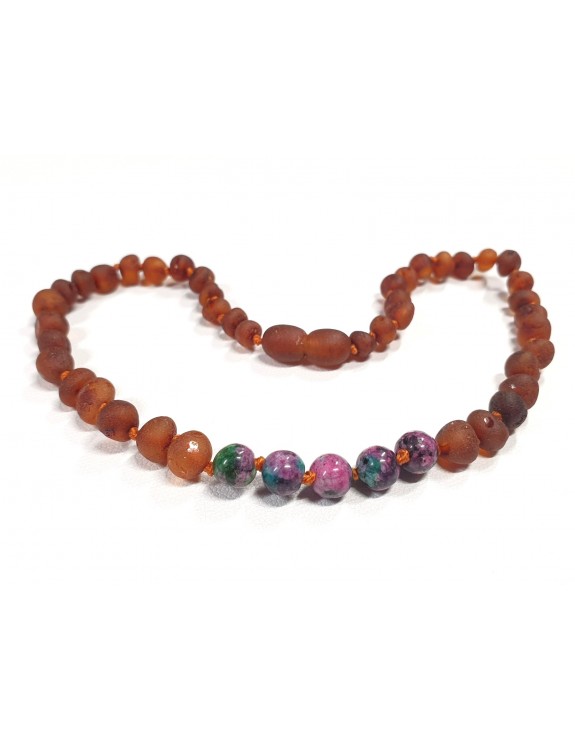 Raw cognac Baltic amber necklace with Chrysocolla