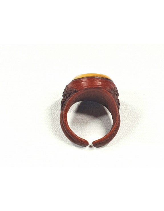 Unique genuine natural leather and Baltic amber ring, adjustable size