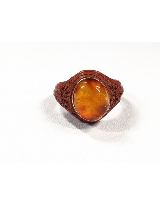 Unique genuine natural leather and Baltic amber ring, adjustable size